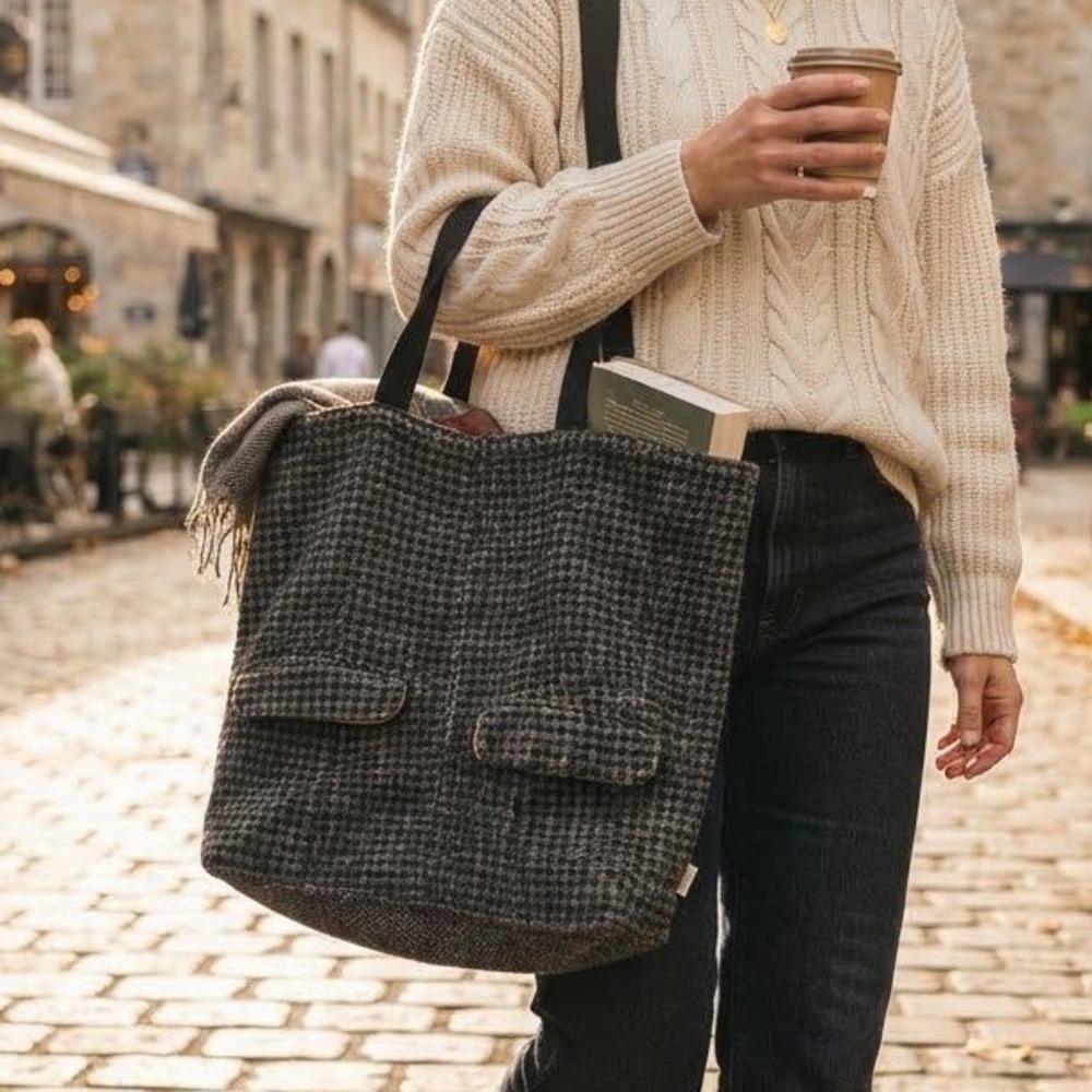 Upcycled Tweed Houndstooth Blazer Tote Bag Wool Grey Brown Large Academia Eco